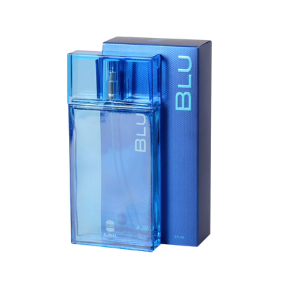 Perfume Ajmal Blu para hombre, frasco de 90 ml, fragancia elegante y moderna, con notas frescas y masculinas.