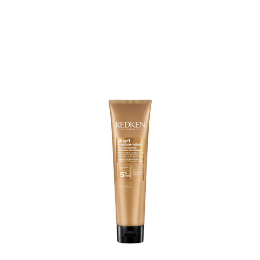 Botella de 150ml de Tratamiento Sin Enjuague Redken All Soft Moisture Restore Leave-In, crema hidratante profesional con ácido hialurónico para cabello seco.
