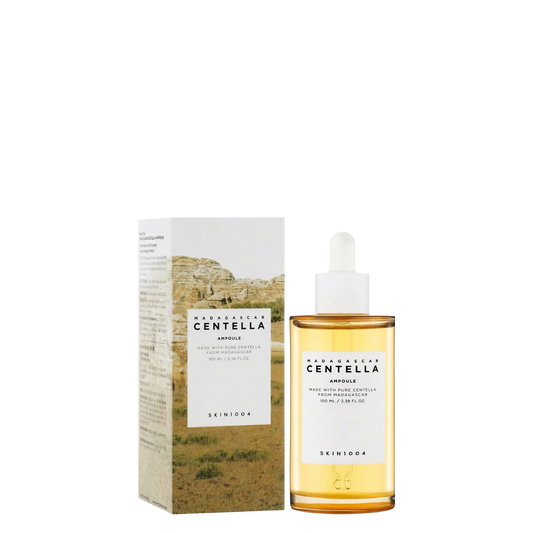 Botella de vidrio de 100 ml con gotero de la ampolla Madagascar Centella Ampoule de la marca coreana Skin1004, sérum concentrado 100% puro de centella asiática para calmar y reparar la piel.