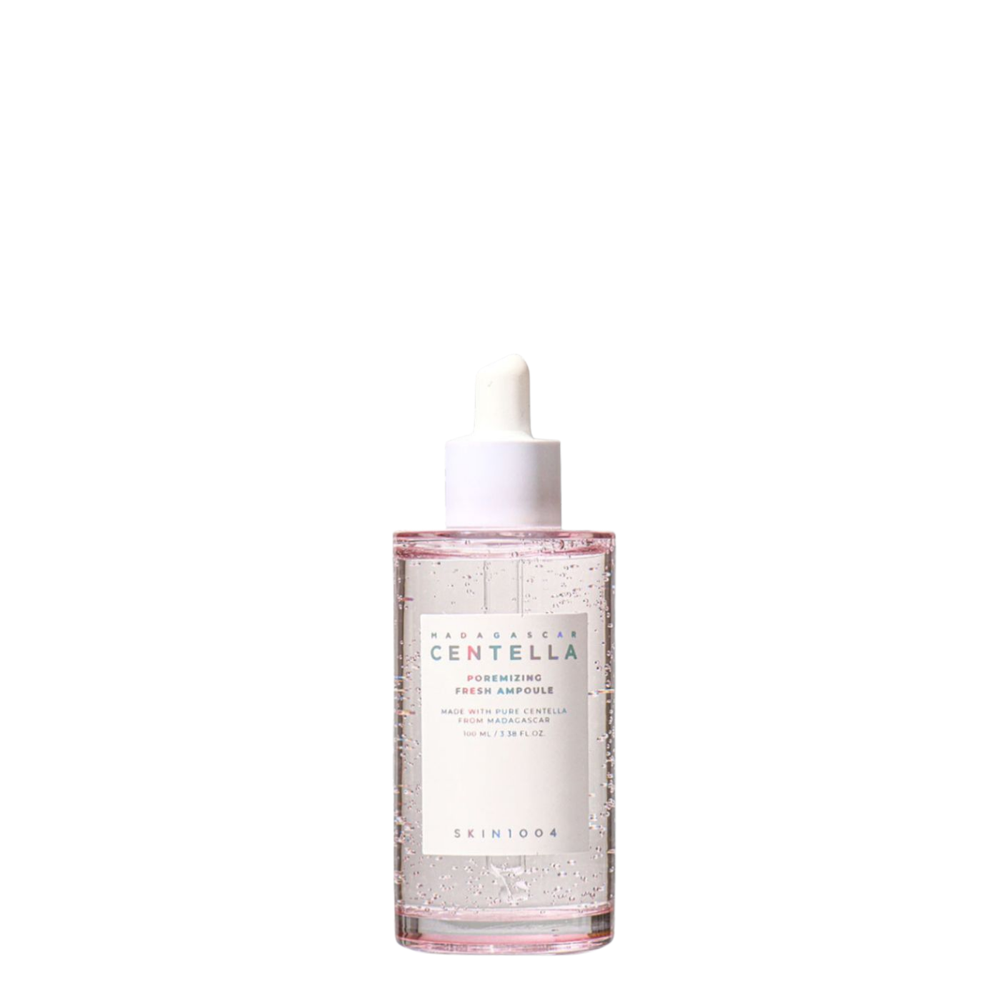 Botella de vidrio de 100 ml con gotero de la ampolla coreana Madagascar Centella Poremizing Fresh Ampoule de la marca Skin1004, sérum purificante para el control de poros y la oleosidad del rostro.