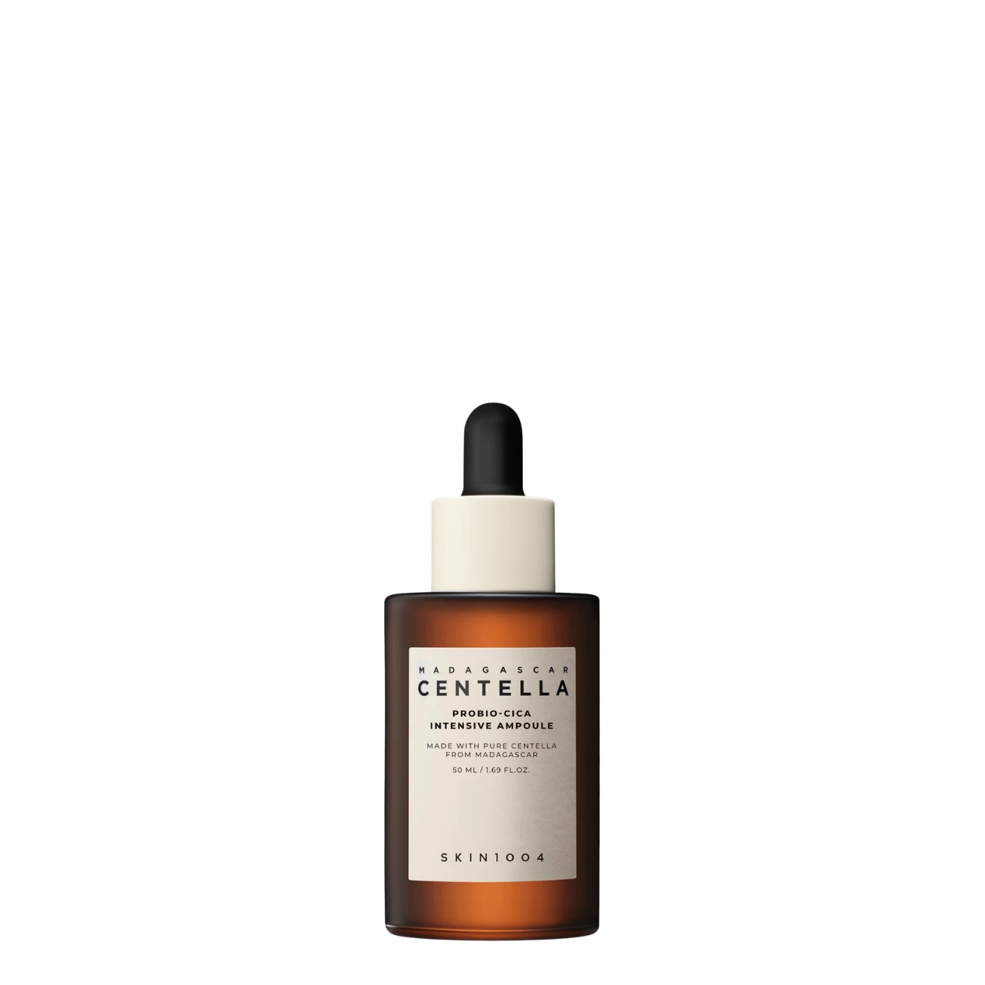 Botella de vidrio de 50 ml con gotero de la ampolla reparadora Madagascar Centella Probio-Cica Intensive Ampoule de la marca coreana Skin1004, sérum nutritivo lechoso con centella fermentada y ceramidas.