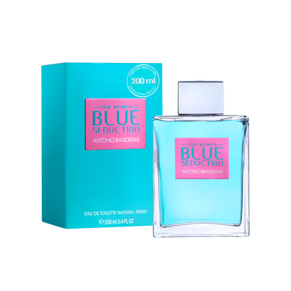 Perfume Antonio Banderas Blue Seduction para mujer, botella de 200 ml, fragancia elegante y fresca.