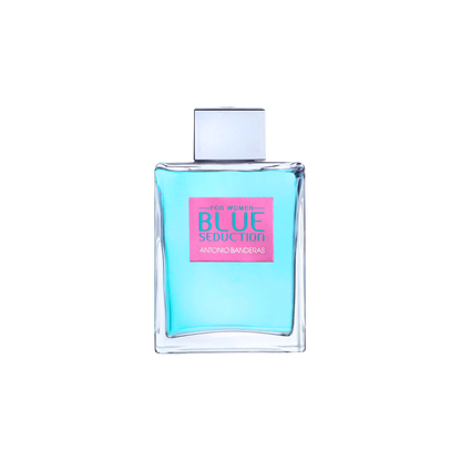 Perfume Antonio Banderas Blue Seduction para mujer, frasco de 200 ml, con diseño elegante y detalles en azul.