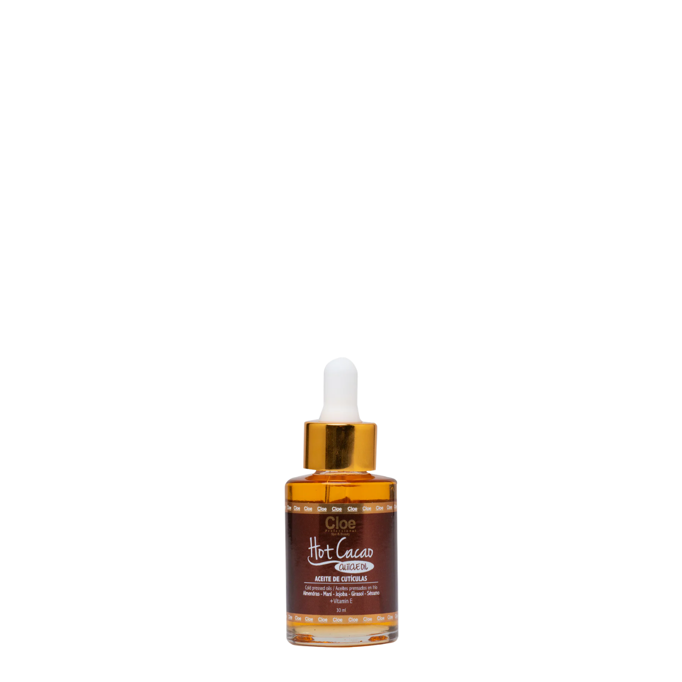 Aceite de cutículas Cloe Hot Cacao de 30ml, muestra el envase con aplicador, para nutrición profunda de las uñas y cutículas.