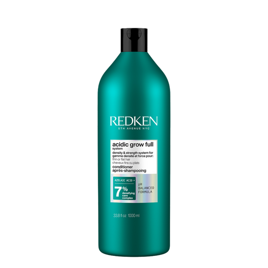 Acondicionador Redken Acidic Grow Full para cabello fino, botellas de 1 litro, fórmula densificadora y fortalecedora para el cabello.