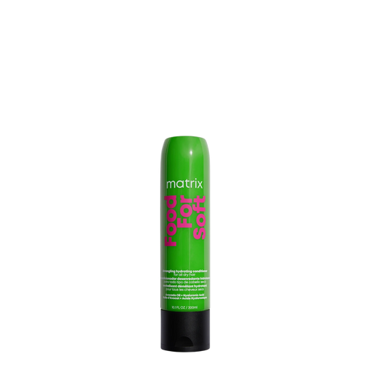 Acondicionador desenredante hidratante Food For Soft Matrix de 300 ml en botella con tapa blanca y etiqueta colorida.