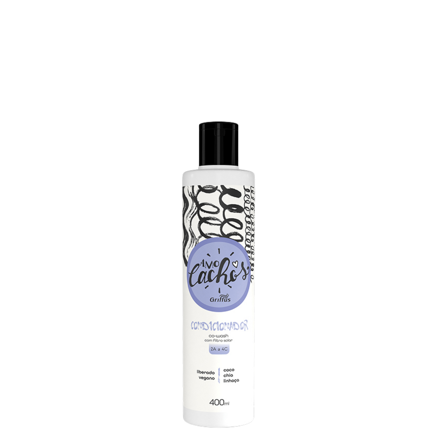 Botella de 400 ml de Acondicionador Amo Cachos de la marca Griffus, acondicionador diario brasileño liberado para desenredar, sellar cutículas y proteger con filtro UV cabellos rizados y crespos.