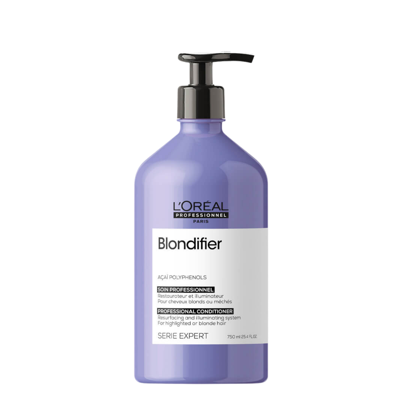 Acondicionador Loreal Blondifier de 750 ml en botella transparente con tapa, diseñado para cabello rubio y brillante.