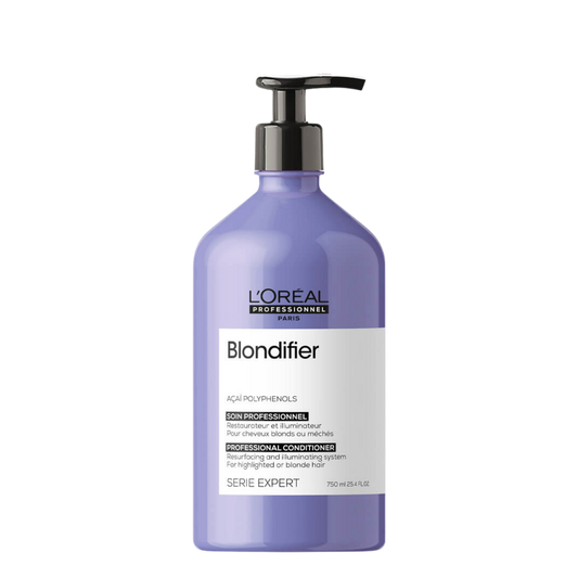 Acondicionador Loreal Blondifier de 750 ml en botella transparente con tapa, diseñado para cabello rubio y brillante.