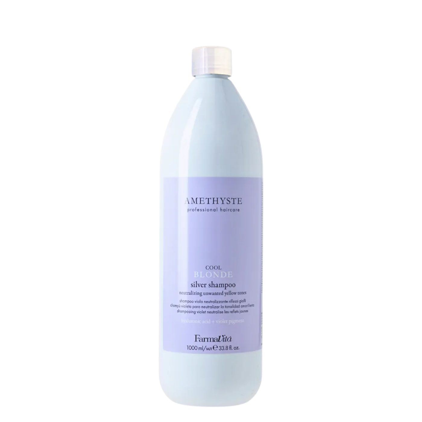 Botella de 1000 ml del Shampoo matizador Amethyste Silver de Farmavita, tratamiento violeta profesional anti-amarillo para cabello rubio, platinado y canas.