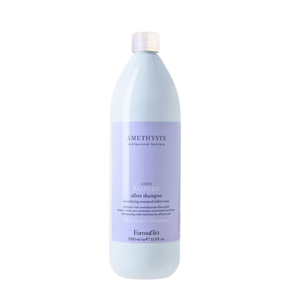 Champú matizador Farmavita Amethyste Silver para cabellos rubios y plateados, 1000 ml, elimina tonos amarillos y mantiene el color brillante.