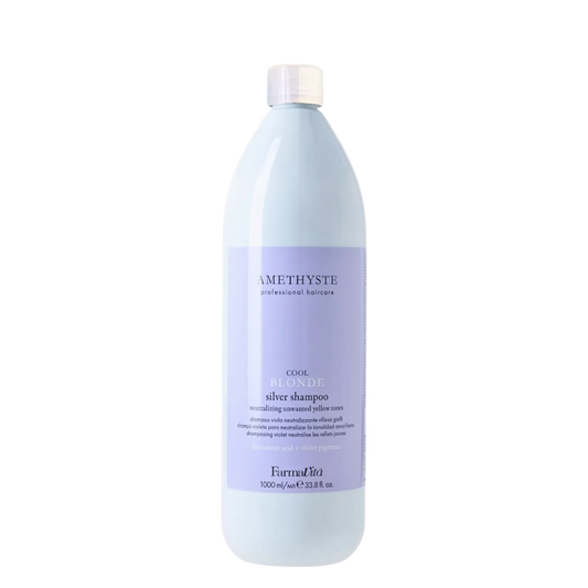 Champú matizador Farmavita Amethyste Silver para cabellos rubios y plateados, 1000 ml, elimina tonos amarillos y mantiene el color brillante.