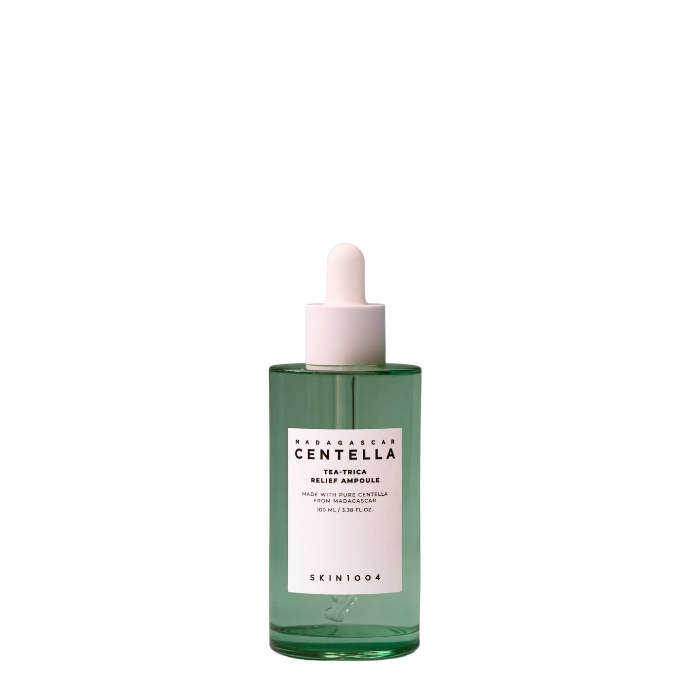 Botella de vidrio verde de 100 ml con gotero de la ampolla coreana Madagascar Centella Tea-Trica Relief Ampoule de la marca Skin1004, sérum purificante y calmante para pieles con acné.