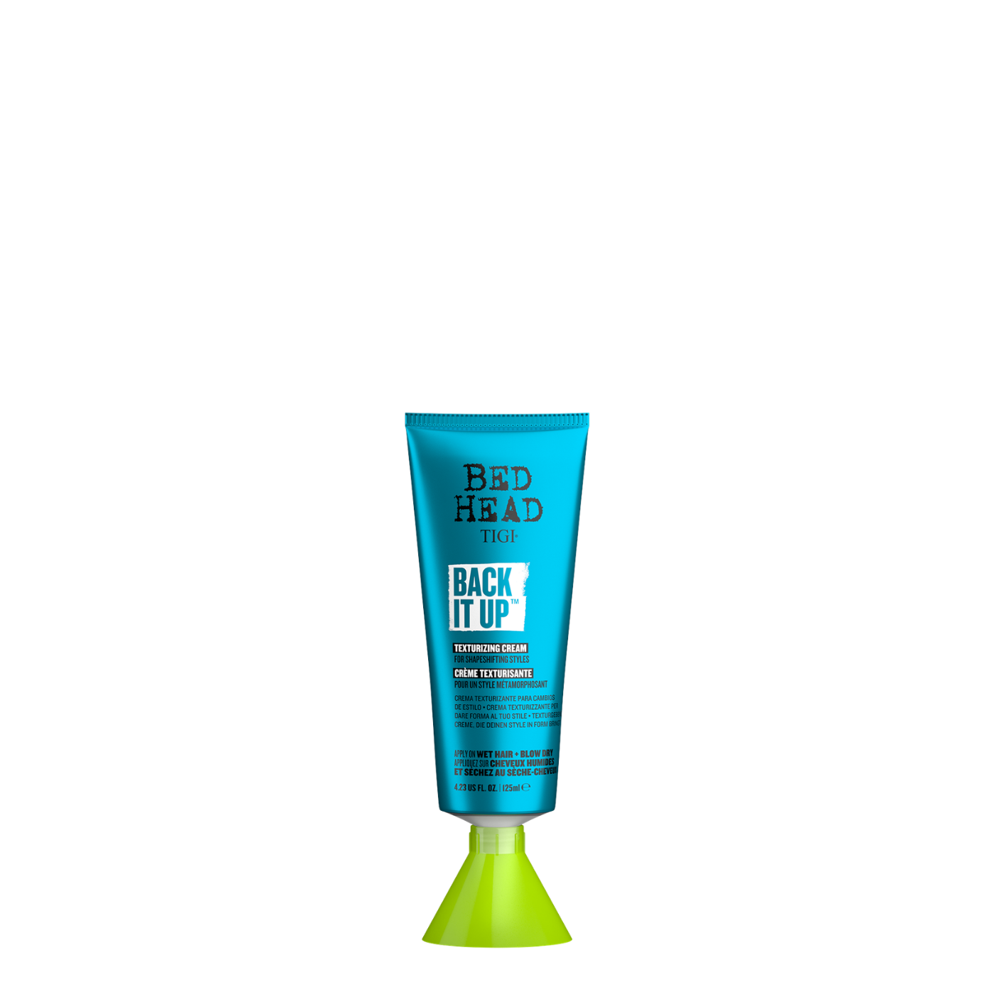 Botella cilíndrica con dosificador de 125ml de Crema Texturizante Back It Up Bed Head by TIGI, crema de peinado y definición flexible con memoria de forma.