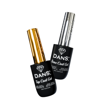 Esmalte base y top coat Dans en frasco de 10 ml para uñas, con diseño en la botella y etiqueta visible.