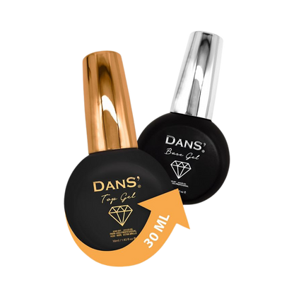Esmalte gel base y top coat de 30 ml de la marca Dans, para uñas con acabado duradero y brillo brillante.