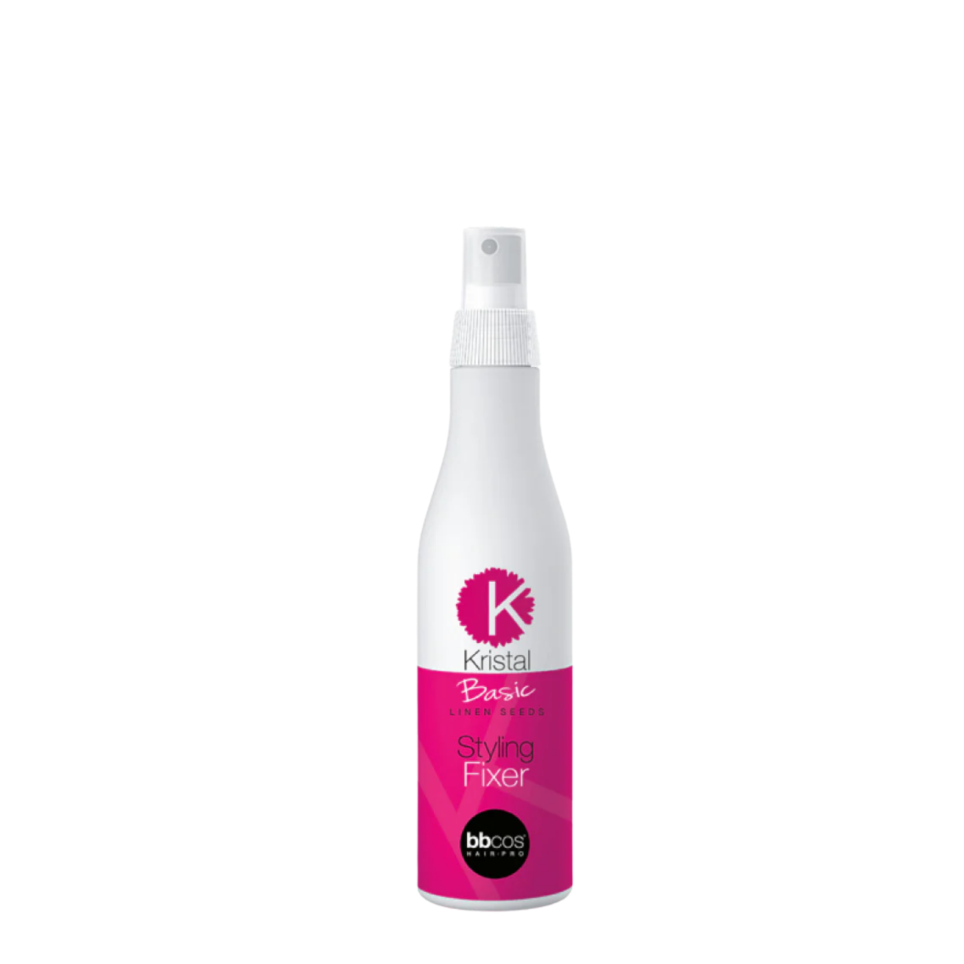 Botella de spray fijador BBCOS Kristal Basic Styling Fixer de 250ml, laca capilar profesional con extracto de linaza para acabado de peinados.
