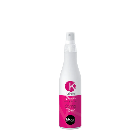 Botella de spray fijador BBCOS Kristal Basic Styling Fixer de 250ml, laca capilar profesional con extracto de linaza para acabado de peinados.