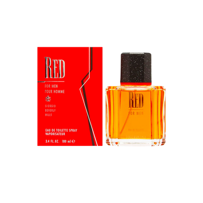 Perfume Giorgio Beverly Hills Red para hombres, frasco de 100 ml, con diseño elegante y botella de perfume en la imagen.
