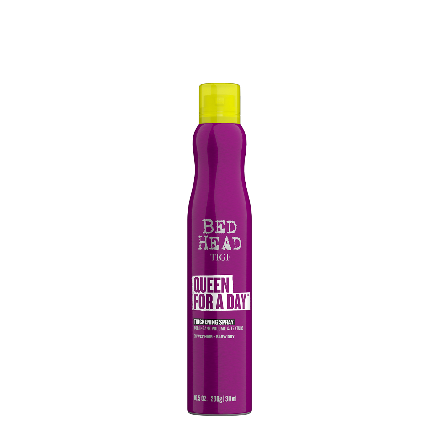 Botella de aerosol morada de 311ml de Spray Fijador Voluminizador Queen For A Day Bed Head by TIGI, tratamiento texturizante para cabello fino o plano.