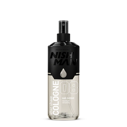 Botella de after shave Nishman No.08 Sun Sense de 400ml, loción post afeitado con dosificador y aroma refrescante.