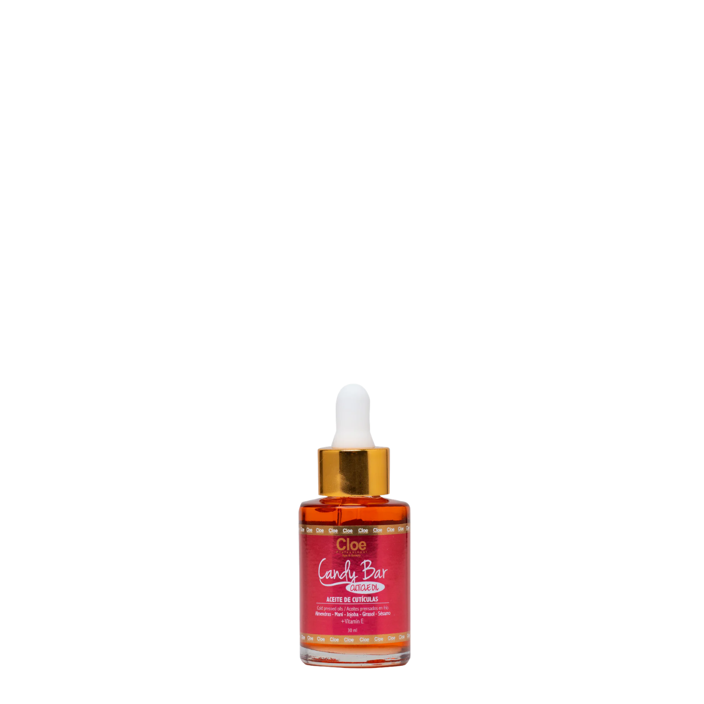 Aceite de cutículas Cloe Candy Bar, frasco de 30ml con aceite nutritivo para cutículas y uñas, en envase transparente con etiqueta colorida