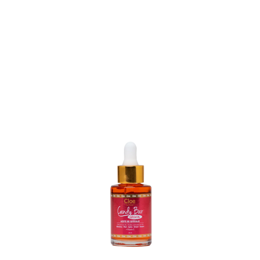 Aceite de cutículas Cloe Candy Bar, frasco de 30ml con aceite nutritivo para cutículas y uñas, en envase transparente con etiqueta colorida