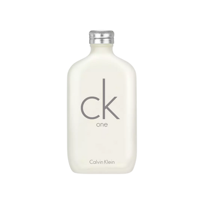 Perfume unisex Calvin Klein CK One EDT de 200 ml con frasco elegante, en color transparente y tapa plateada.
