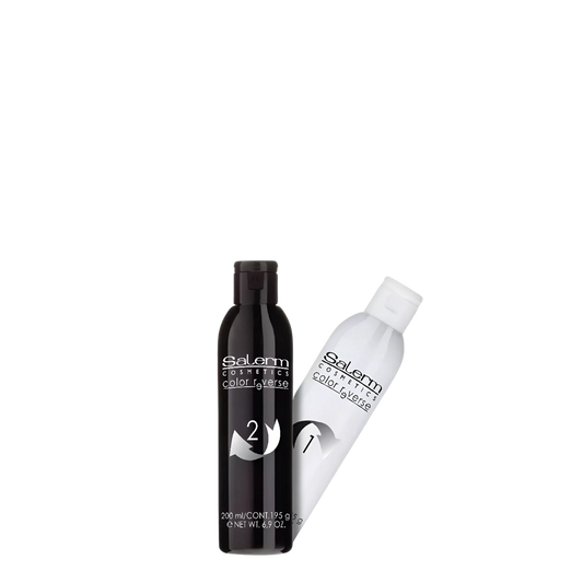 Caja del kit Salerm Color Reverse 2 x 100 ml, tratamiento despigmentante y extractor de color para eliminar pigmentos artificiales del cabello.