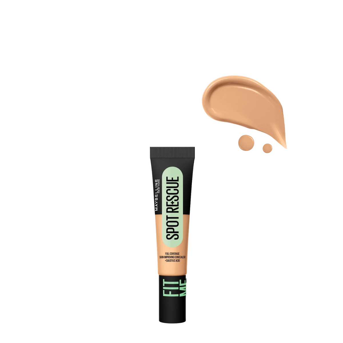Corrector de alta cobertura y tratamiento Maybelline Fit Me Spot Rescue en varios tonos, visible en el envase de 15 ml.