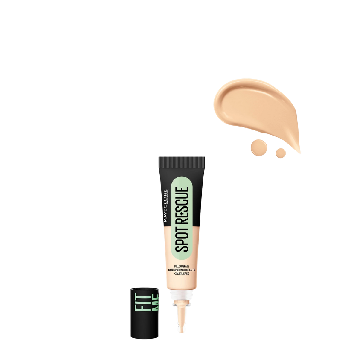 Corrector de alta cobertura Maybelline Fit Me Spot Rescue en diferentes tonos, mostrando el envase y la textura del producto.