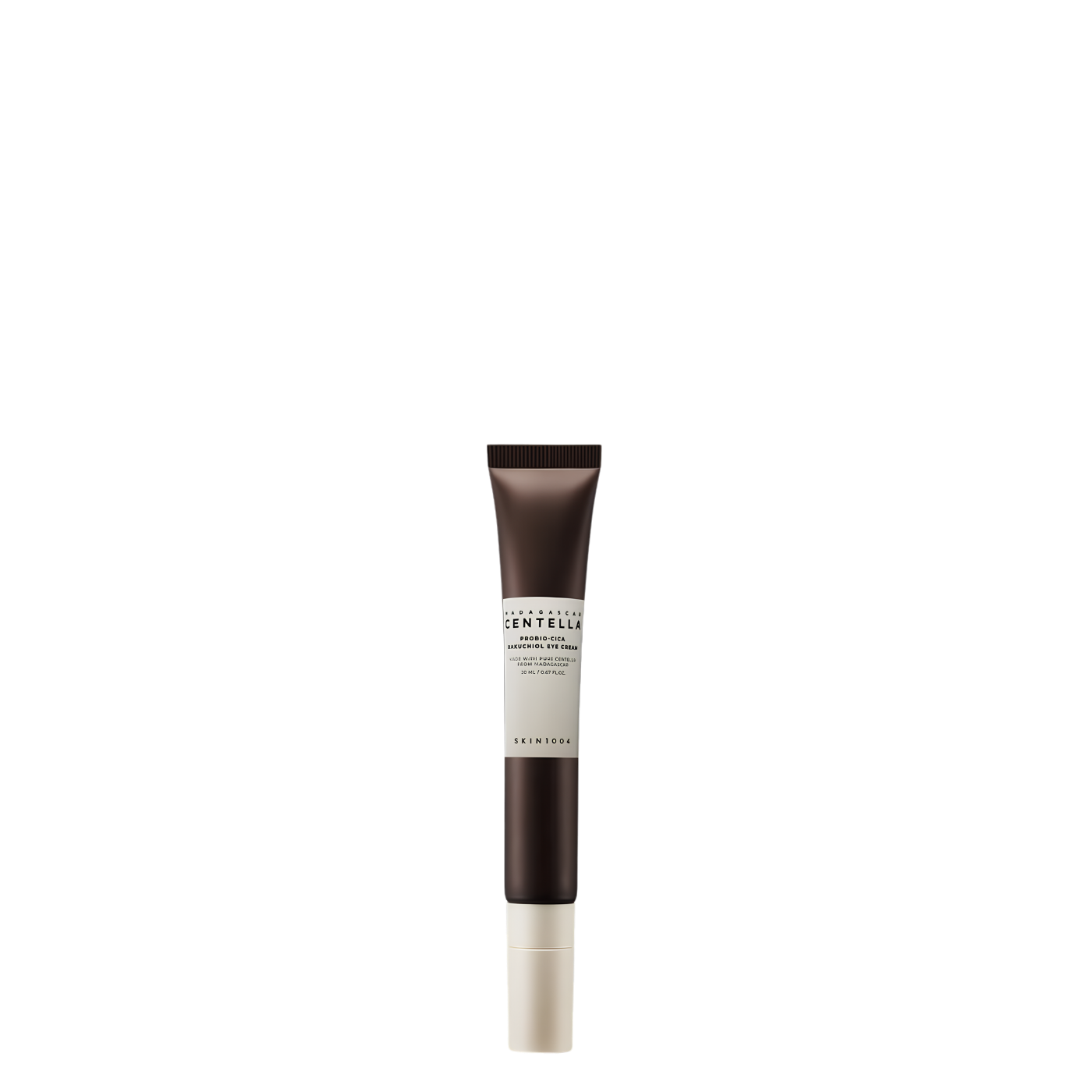 Tubo de 20 ml con aplicador metálico del contorno de ojos coreano Madagascar Centella Probio-Cica Bakuchiol Eye Cream de la marca Skin1004, crema antiedad para arrugas y ojeras.