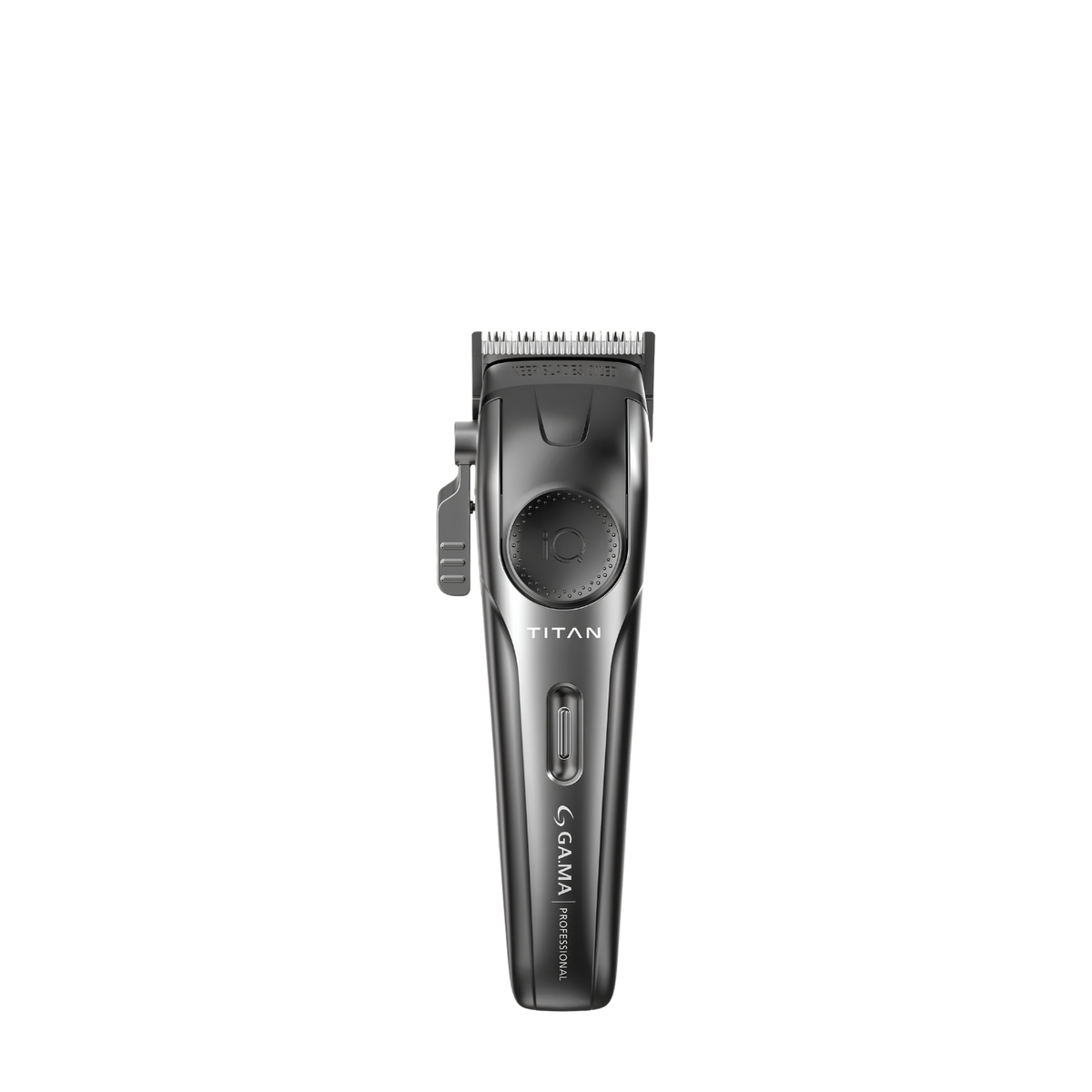 Cortadora de pelo profesional GA.MA GC IQ Titan DLC para barbería, máquina de corte con diseño robusto y detalles en la imagen