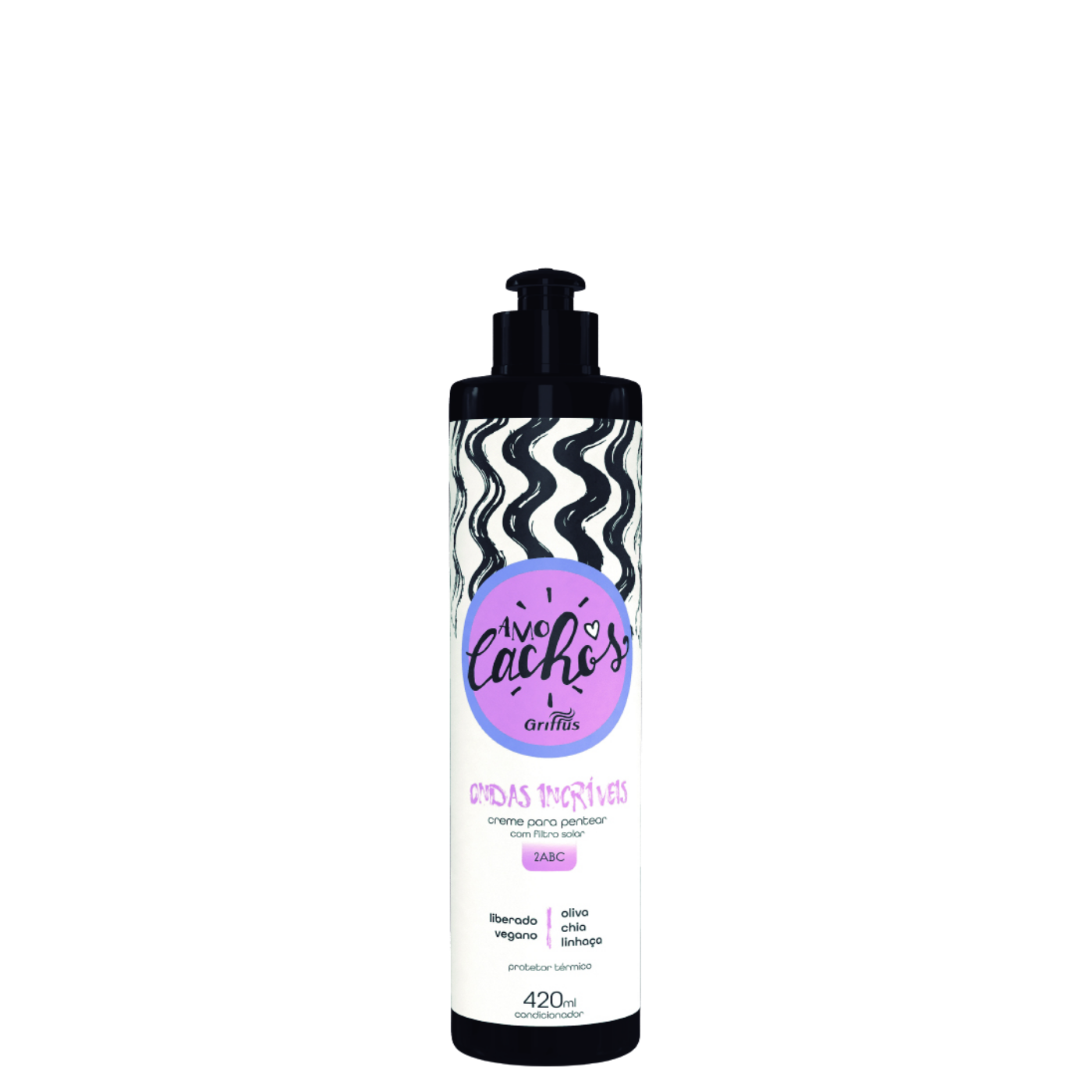 Botella de 420 ml de Crema para Peinar Ondas Incríveis de la marca Griffus, crema de estilizado profesional ultra-ligera y liberada para la definición y control de frizz en cabellos ondulados.
