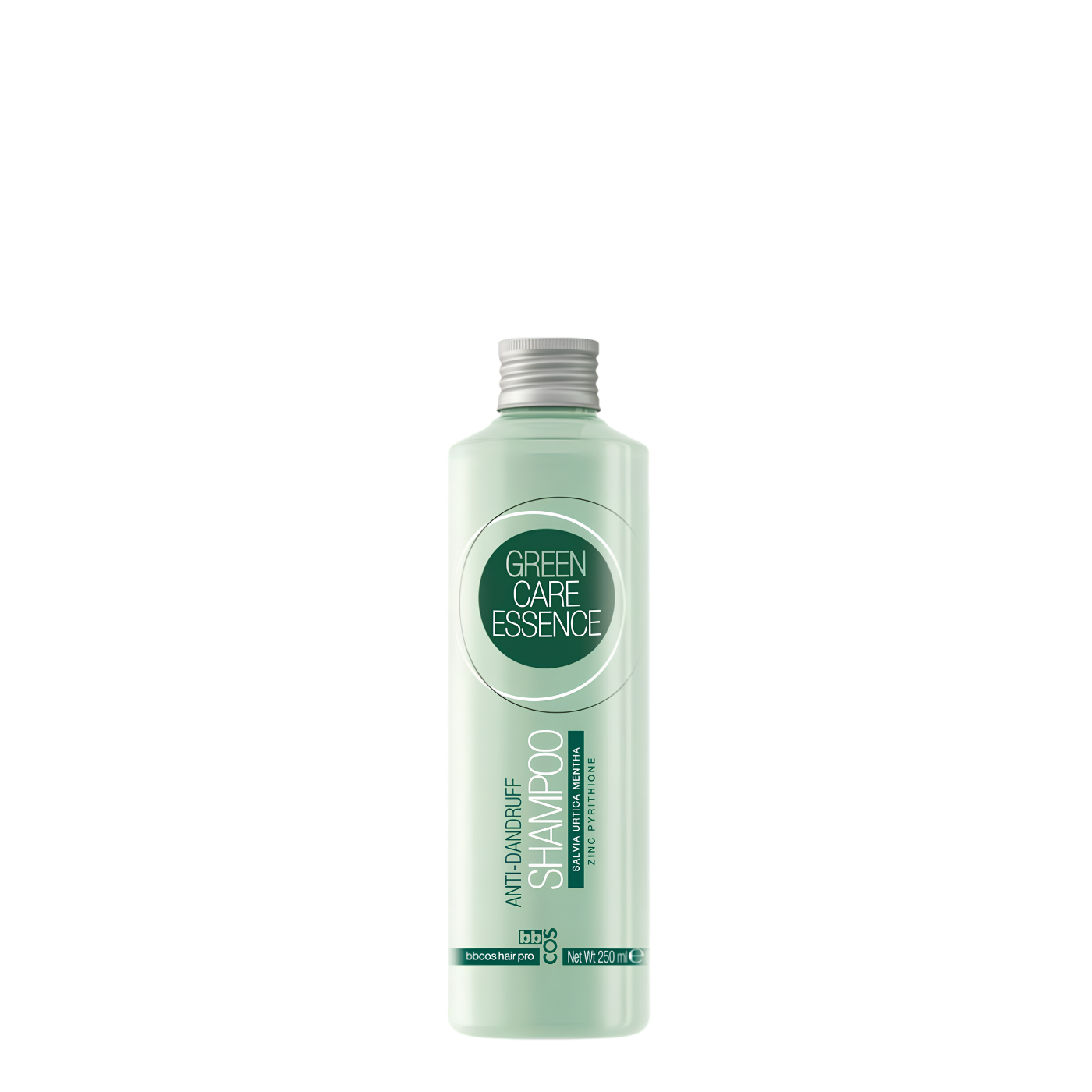 Champú anticaspa BBCOS de 250ml en botella verde, con fórmula para reducir la caspa y fortalecer el cuero cabelludo.