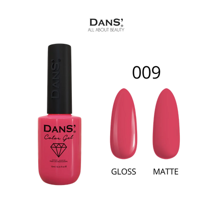 Esmalte gel Dans' Color Gel de color rosado en un frasco con tapa negra, muestra el acabado brillante del producto.