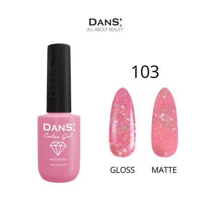 Esmalte gel Dans' Color Gel en frasco con color rojo brillante y etiqueta blanca, visible en la imagen.