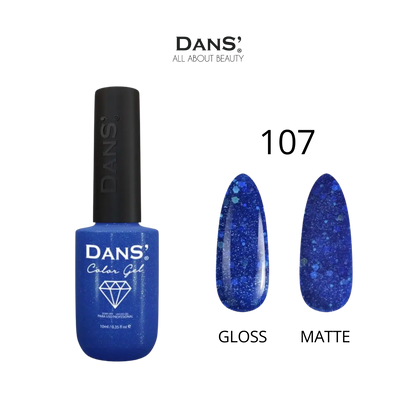 Esmalte Dans' Color Gel en frasco con color azul profundo, muestra la textura y el diseño del envase de la marca Dans.