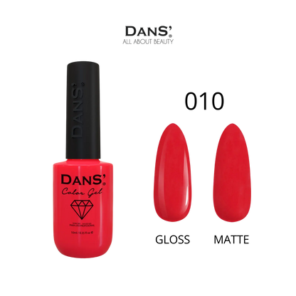 Esmalte gel Dans' Color Gel en frasco con etiqueta blanca y color en la tapa, muestra un acabado brillante y uniforme