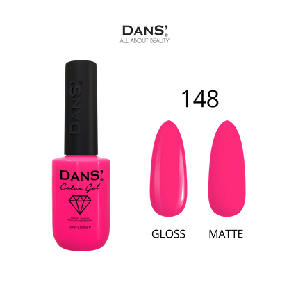 Esmalte Dans' Color Gel en frasco con color rosa vibrante y tapa plateada, muestra el producto de la marca Dans.