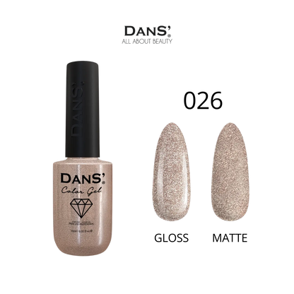 Esmalte gel Dans' Color en tono 26, con acabado brillante, en frasco de esmalte de la marca Dans.