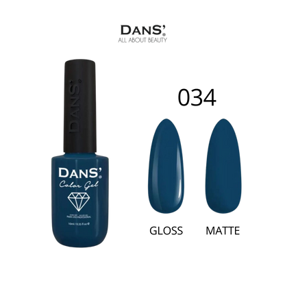 Esmalte Dans' Color Gel en frasco con tono azul oscuro y brillo brillante, muestra el producto de la marca Dans para uñas.