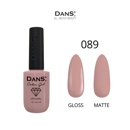 Esmalte Dans' Color Gel en tono 89, frasco con esmalte de color rosa suave y diseño de la marca Dans.