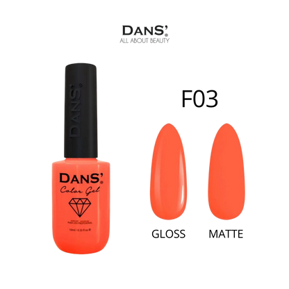 Esmalte Dans' Color Gel en frasco, esmalte de uñas de color vibrante, con diseño de la marca Dans en la botella