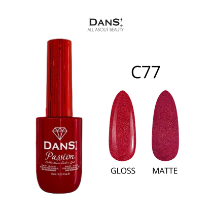 Esmalte Dans Passion de la colección Passion, en tono vibrante y brillante, mostrando el frasco y la etiqueta de la marca Dans.