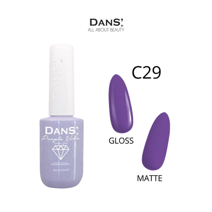 Esmalte Dans Purple Vibe de la colección de esmaltes, muestra el envase con color púrpura vibrante y diseño de la marca Dans.