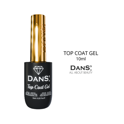 Esmalte Dans con base gel y top coat de 10 ml, botella con esmalte transparente y aplicador para uñas.