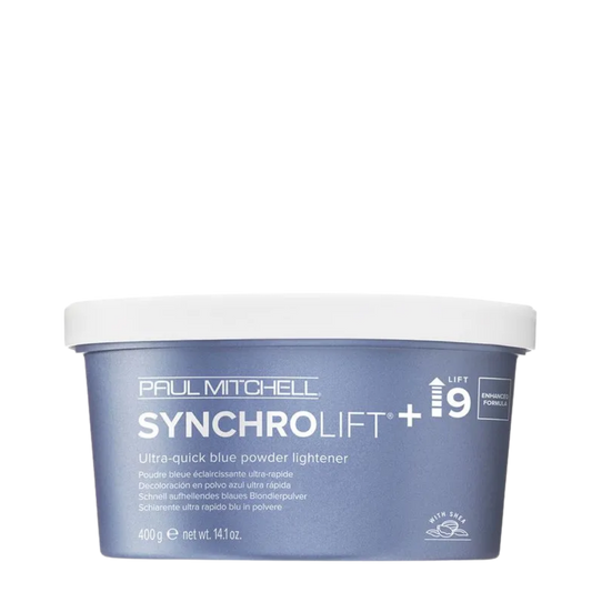 Polvo decolorante Paul Mitchell SynchroLift, 400g, en envase con textura en polvo para aclarar el cabello.