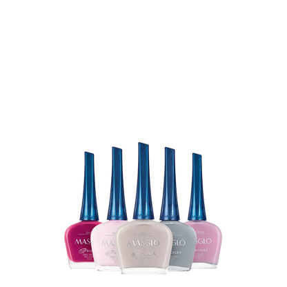 Esmaltes Masglo A-Z en una fila, variedad de colores para uñas, productos de la marca Masglo para manicura y pedicura