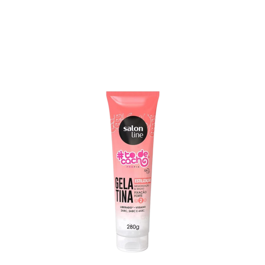 Gelatina capilar Salon Line para definición fuerte, cabello de todo tipo de rizo, en envase de 280 g, muestra la textura del producto.